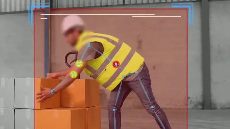 ErgoPlus computer vision tracking a worker’s posture and flagging shoulder risk during a lift