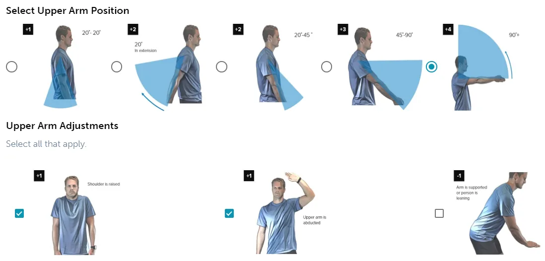 REBA step 7 upper arm position choices from 20 degrees of extension or flexion (+1) to more than 90 degrees (+4), with adjustments for a raised shoulder, an abducted arm and a supported arm