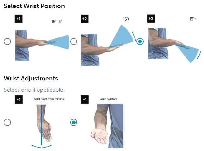 REBA step 9 wrist position choices (+1 for 0 to 15 degrees, +2 for more than 15 degrees) and +1 for a wrist that is bent from the midline or twisted