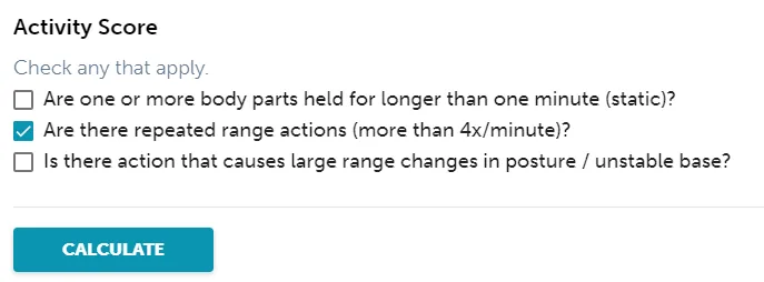 REBA step 13 activity choices: body parts held for longer than one minute, repeated small range actions more than 4 times a minute, and rapid large changes in posture or an unstable base