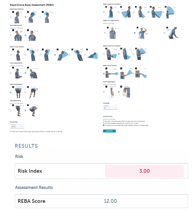 The REBA calculator in ErgoPlus Industrial: posture choices for each body segment and a result of REBA score 12 with a risk index of 3.00
