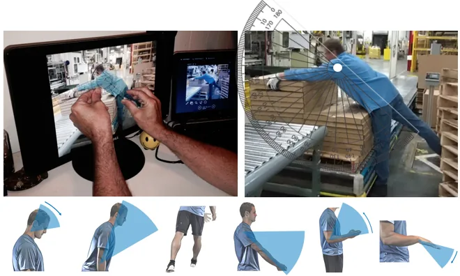 Measuring body angles for REBA: a goniometer held against a photo of the task on a monitor, and a protractor overlaid on a photo of a worker reaching