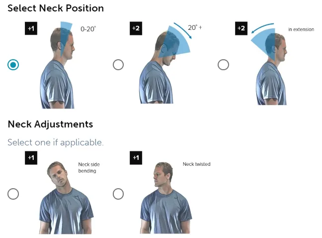 REBA step 1 neck position choices (+1 for 0 to 20 degrees, +2 for more than 20 degrees or extension) and neck adjustments, with neck flexed 0 to 20 degrees selected