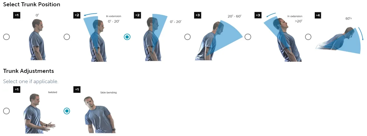 REBA step 2 trunk position choices from upright (+1) to more than 60 degrees of flexion (+4), with trunk adjustments for twisting and side bending