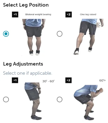 REBA step 3 leg choices (both legs down +1, one leg raised +2) and knee bend adjustments, with both legs down selected