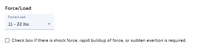 REBA step 5 force and load choices: under 11 lb +0, 11 to 22 lb +1, over 22 lb +2, and +1 for shock or a rapid build-up of force