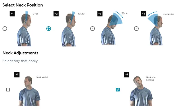 RULA step 9 neck position choices: 0 to 10 degrees (+1), 10 to 20 degrees (+2), more than 20 degrees (+3) and extension (+4), with adjustments for a twisted or side-bent neck