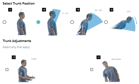 RULA step 10 trunk position choices from upright (+1) to more than 60 degrees of flexion (+4), with adjustments for a twisted or side-bent trunk