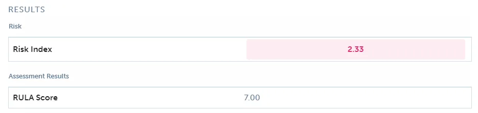 RULA example result in ErgoPlus Industrial: risk index 2.33 and RULA score 7
