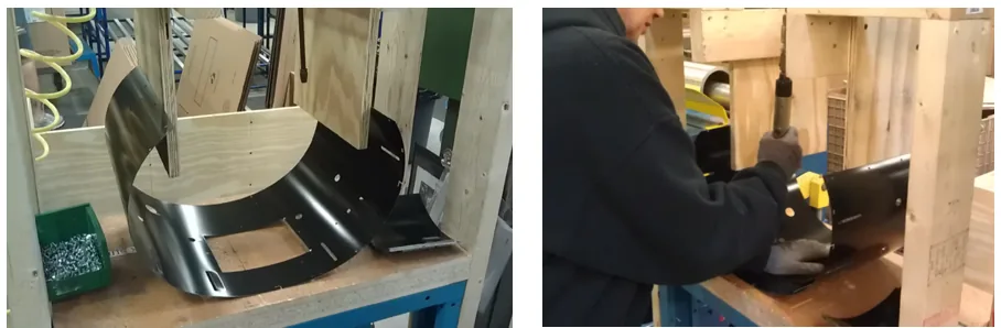 Improvements to the example job: a fixture that holds the can open, and a worker using an in-line pneumatic screwdriver on a tool balancer