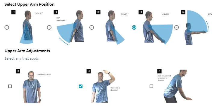 RULA step 1 upper arm position choices from 20 degrees of extension or flexion (+1) to more than 90 degrees (+4), with adjustments for a raised shoulder, an abducted arm and a supported arm