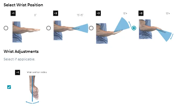 RULA step 3 wrist position choices from neutral (+1) to more than 15 degrees of flexion or extension (+3), and +1 for a wrist bent from the midline